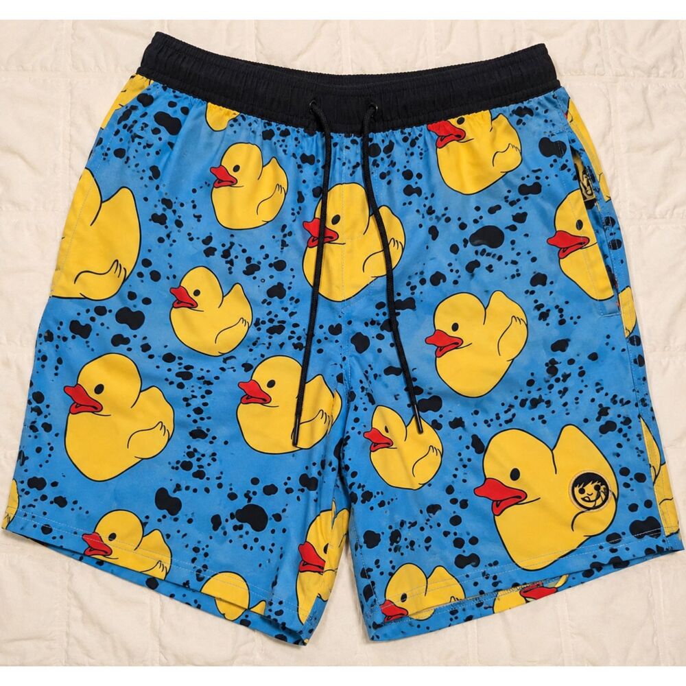 Neff Rubber Ducky Swim Trunks Mens Large Blue Yellow Duck Board Shorts Pockets